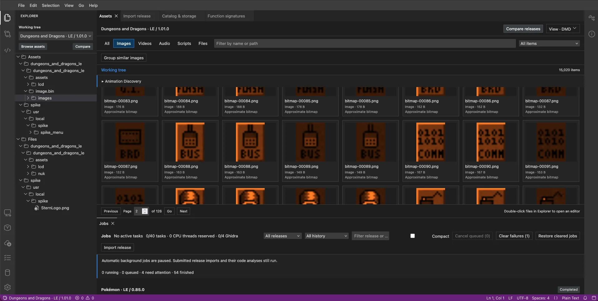My pinball version-comparison tool, browsing Dungeons and Dragons image assets with release imports, asset comparison, and function-signature tabs.