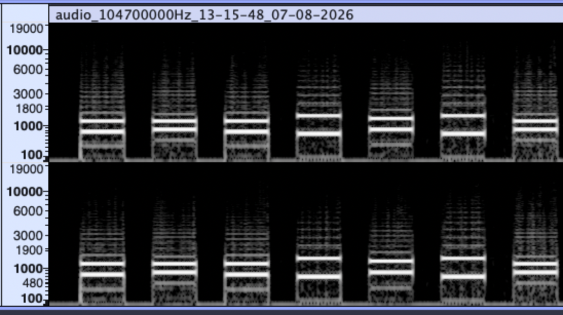 An Audacity spectrogram of the dial tones